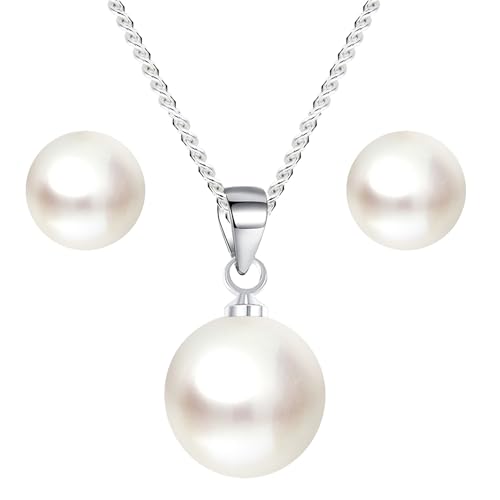 Löb Schmuckset 925 Silber Halskette Ohrstecker Perlen Anhänger Rund Weiß Damen Kette Ohrringe Perlenohrringe Perlenohrstecker Tropfen Set Brautschmuck von Löb