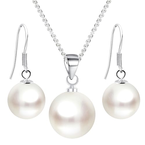 Löb Damen Schmuckset 925 Silber mit runden Perlen Halskette Anhänger Weiß Kette Perlenohrringe Hängend Tropfen Set Brautschmuck | Geschenke für Frauen Freundin Mama Mutter von Löb