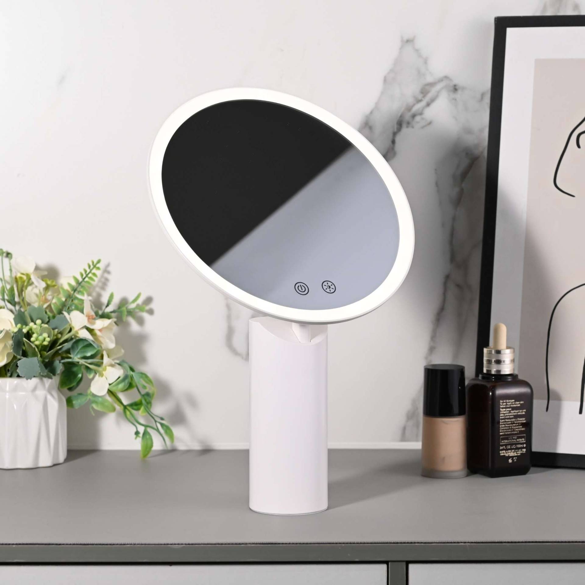 Loevschall Schminkspiegel "Bridget Kosmetikspiegel mit Licht, stufenlos dimmbar & Touch Steuerung" Kippbar, Lichtfarben wählbar, kabellos, ideal für Bad und Schlafzimmer von Loevschall