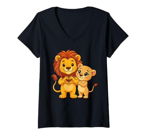 Damen Löwen Pärchen mit Herz | Süßes Löwe Löwin Liebespaar T-Shirt mit V-Ausschnitt Damen Löwen Pärchen mit Herz | Süßes Löwe Löwin Liebespaar T-Shirt mit V-Ausschnitt von Löwe Designer Designs
