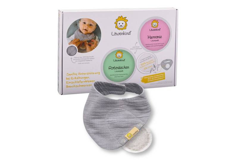 Löwenkind Babypflege-Set Einsteigerbox mit Halstuch, Rotznäschen- und Harmonie-Pads, 3 tlg., Sanfte Unterstützung aus der Natur von Löwenkind