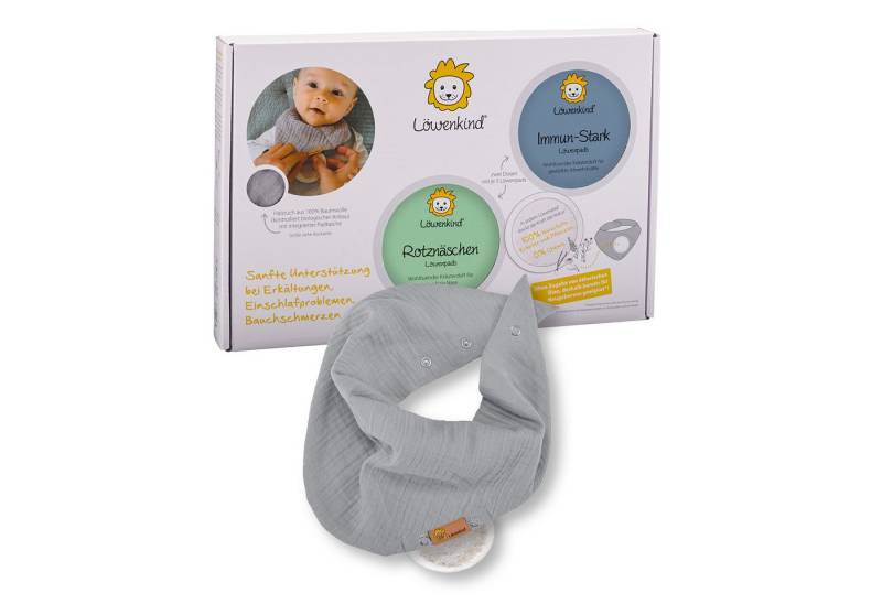 Löwenkind Lätzchen Einsteigerbox mit Halstuch "Medi" Grau, Rotznäschen und Immun-Stark, (Einsteiger-Set, 3-St), Sanfte Unterstützung aus der Natur von Löwenkind