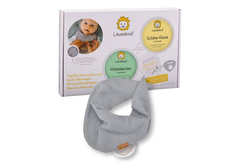 Löwenkind Pflege-Set Einsteigerbox mit Halstuch "Medi" 4-12J., Rotznäschen und Schöne-Reise Einsteiger-Set, 2x5 Kräuterpads und Trägertuch von Löwenkind