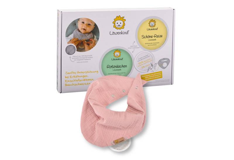 Löwenkind Pflege-Set Einsteigerbox mit Halstuch "Medi" 4-12J., Rotznäschen und Schöne-Reise Einsteiger-Set, 2x5 Kräuterpads und Trägertuch von Löwenkind