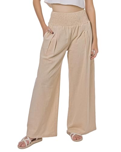 Lofbaz Damen Sommer Fließend Baumwolle Leinen Palazzo Weite Hosen Strand Hohe Taille Hose Boho Lange Loungehose mit Taschen Khaki M von Lofbaz