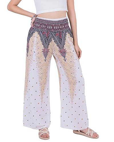 LOFBAZ Frauen Flowy Palazzo Weite Bein Hosen Rayon Harem Boho Kleidung Hippie Strand Bohemian Hose Lose Lounge Kleidung, Pfau 1 Weiß, XX-Large Mehr von Lofbaz
