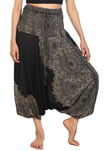 Lofbaz Damen 2 in 1 Haremshose Jumpsuit Pfauendruck Schwarz L von Lofbaz