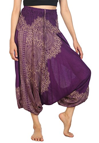 Lofbaz Damen 2 in 1 Haremshose Jumpsuit Pfauendruck Violett XL von Lofbaz