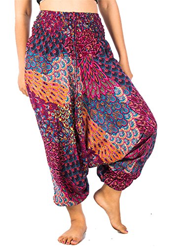 Lofbaz Damen 2 in 1 Haremshose & Jumpsuit Buntes Pfauenmuster Rosa M von Lofbaz