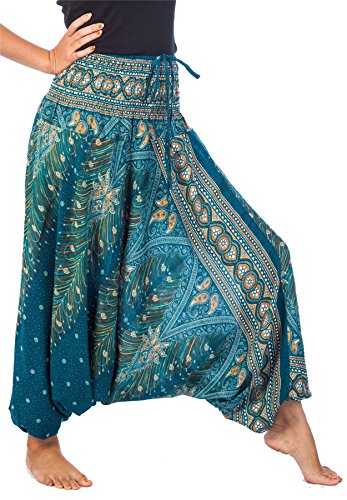 Lofbaz Damen 2 in 1 Haremshose & Jumpsuit Pfauendruck Blaugrün XL von Lofbaz