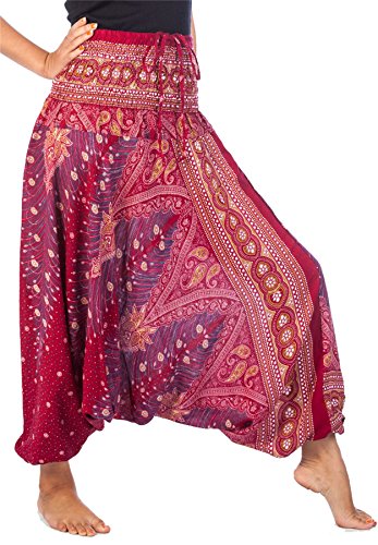 Lofbaz Damen 2 in 1 Haremshose & Jumpsuit Pfauendruck Burgund & Gold 3XL von Lofbaz