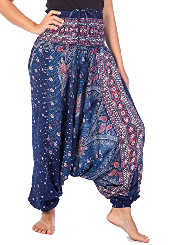 Lofbaz Damen 2 in 1 Haremshose & Jumpsuit Pfauendruck Dunkelblau & Rot 4XL von Lofbaz