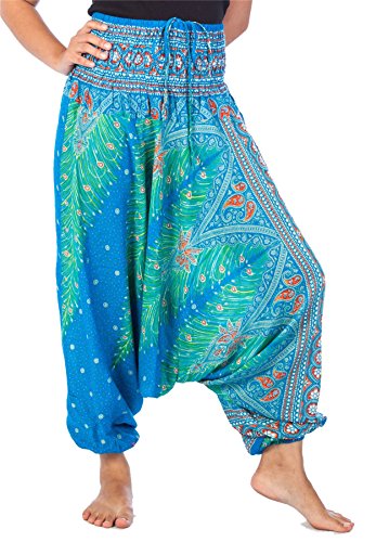 Lofbaz Damen 2 in 1 Haremshose & Jumpsuit Pfauendruck Hellblau M von Lofbaz