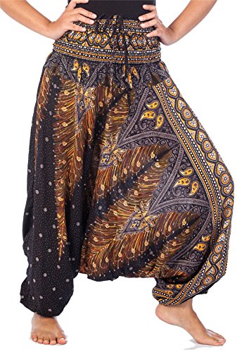 Lofbaz Damen 2 in 1 Haremshose & Jumpsuit Pfauendruck Schwarz & Gold S von Lofbaz