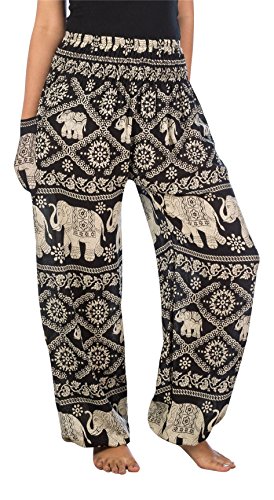 Lofbaz Damen Boho Haremshose Festival Outfit Sommerhose Leicht Yogahose Pumphose Hippie Hose Kleidung Sommer Hosen - Elephant 1 Schwarz 3XL von Lofbaz