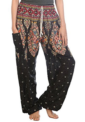 Lofbaz Damen Floral Gedruckt Kordelzug Boho Harem Hose Schwarz X-Large von Lofbaz