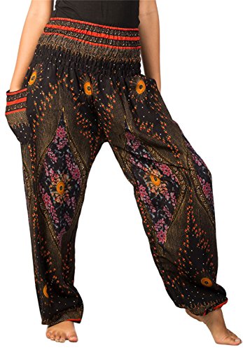 Lofbaz Damen Haremshose Festival Boho Outfit Yogahose Sommerhose Leicht Pumphose Hippie Hose Kleidung Sommer Hosen - Floral 1 Schwarz 3XL Große Größen von Lofbaz