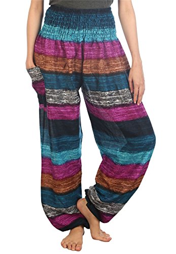 Lofbaz Damen Haremshose Festival Boho Outfit Yogahose Sommerhose Leicht Pumphose Hippie Hose Kleidung Sommer Hosen - Stripe Navy XXL Große Größen von Lofbaz