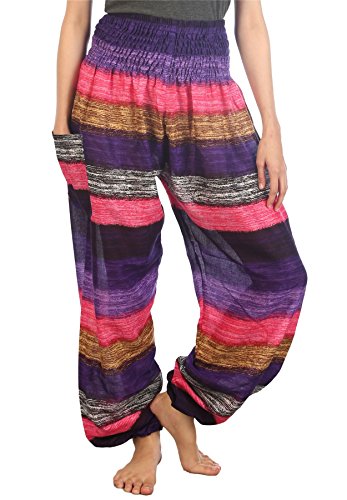 Lofbaz Damen Haremshose Festival Boho Outfit Yogahose Sommerhose Leicht Pumphose Hippie Hose Kleidung Sommer Hosen - Stripe Rosa 3XL Große Größen von Lofbaz