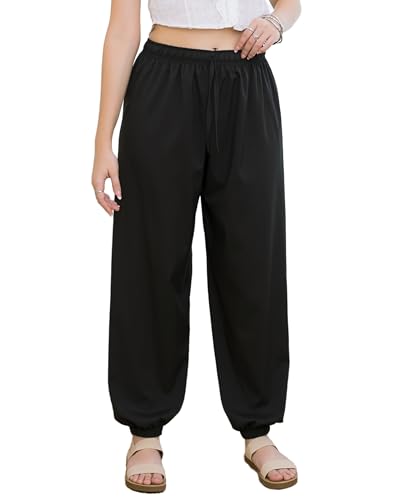 Lofbaz Damen Haremshose Yoga Hose Boho Sommer Fließende Kleidung Hohe Taille Jogger Lounge Strand Weite Casual Bohemian Outfits Feste Schwarz OS von Lofbaz