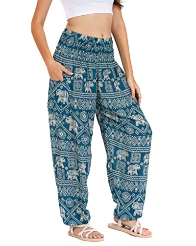 Lofbaz Damen Haremshose Yogahose Pumphose Hippie Hose Boho Kleidung Festival Outfit Sommerhose Leicht Sommer Hosen - Elephant 1 Teal Grün 3XL Große Größen von Lofbaz