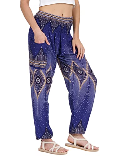 Lofbaz Damen Haremshose Yogahose Pumphose Hippie Hose Boho Kleidung Festival Outfit Sommerhose Leicht Sommer Hosen - Floral 2 Blau 4XL Große Größen von Lofbaz