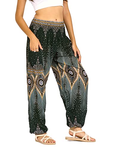 Lofbaz Damen Haremshose Yogahose Pumphose Hippie Hose Boho Kleidung Festival Outfit Sommerhose Leicht Sommer Hosen - Floral 2 Dunkelgrün S von Lofbaz