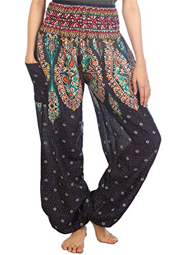 Lofbaz Damen Haremshose Yogahose Pumphose Hippie Hose Boho Kleidung Festival Outfit Sommerhose Leicht Sommer Hosen - Floral 3 Dunkelblau 3XL Große Größen von Lofbaz