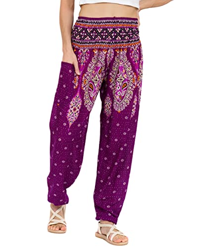 Lofbaz Damen Haremshose Yogahose Pumphose Hippie Hose Boho Kleidung Festival Outfit Sommerhose Leicht Sommer Hosen - Floral 3 Violett XXL Große Größen von Lofbaz