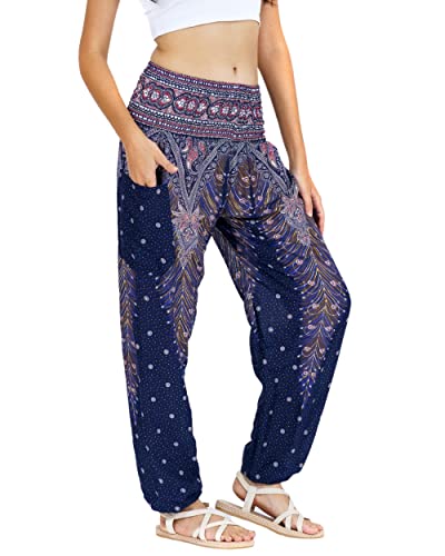 Lofbaz Damen Haremshose Yogahose Pumphose Hippie Hose Boho Kleidung Festival Outfit Sommerhose Leicht Sommer Hosen - Peacock 1 Dunkelblau 3XL Große Größen von Lofbaz