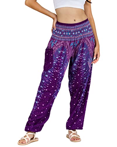 Lofbaz Damen Haremshose Yogahose Pumphose Hippie Hose Boho Kleidung Festival Outfit Sommerhose Leicht Sommer Hosen - Peacock 1 Violett B XXL Große Größen von Lofbaz