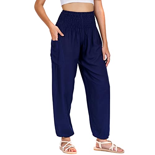 Lofbaz Damen Haremshose Yogahose Pumphose Hippie Hose Boho Kleidung Festival Outfit Sommerhose Leicht Sommer Hosen - Solid 1 Dunkelblau 3XL Große Größen von Lofbaz