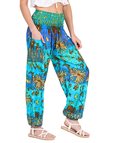 Lofbaz Damen Haremshose Yogahose Pumphose Hippie Hose Boho Kleidung Festival Outfit Sommerhose Leicht Sommer Hosen - Tie Dye Blau & Mint S von Lofbaz