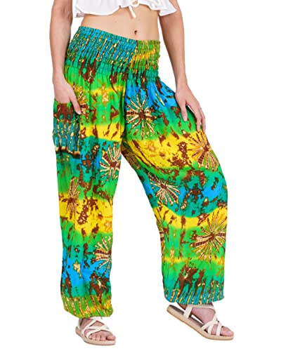 Lofbaz Damen Haremshose Yogahose Pumphose Hippie Hose Boho Kleidung Festival Outfit Sommerhose Leicht Sommer Hosen - Tie Dye Gelb & Grün XXL Große Größen von Lofbaz