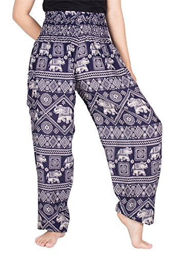 Lofbaz Damen Boho Haremshose Festival Outfit Sommerhose Leicht Yogahose Pumphose Hippie Hose Kleidung Sommer Hosen - Elephant Stamp Dunkelblau XXL Große Größen von Lofbaz