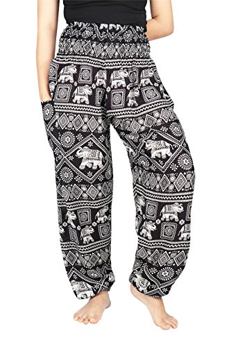 Lofbaz Damen Boho Haremshose Festival Outfit Sommerhose Leicht Yogahose Pumphose Hippie Hose Kleidung Sommer Hosen - Elephant Stamp Schwarz XXL Große Größen von Lofbaz