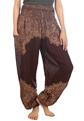 Lofbaz Haremshose Damen Boho Yogahose Pumphose Hippie Hose Kleidung Festival Outfit Sommerhose Leicht Sommer Hosen - Floral Braun 3XL Große Größen von Lofbaz