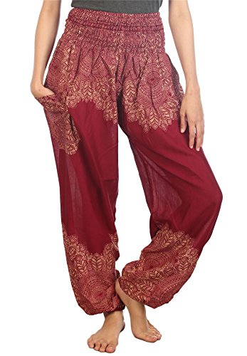 Lofbaz Haremshose Damen Boho Yogahose Pumphose Hippie Hose Kleidung Festival Outfit Sommerhose Leicht Sommer Hosen - Floral Burgund XXL Große Größen von Lofbaz