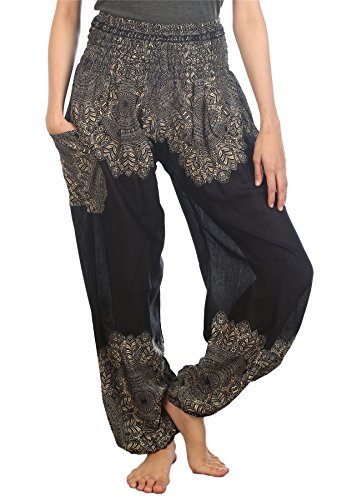 Lofbaz Haremshose Damen Boho Yogahose Pumphose Hippie Hose Kleidung Festival Outfit Sommerhose Leicht Sommer Hosen - Floral Schwarz 3XL Große Größen von Lofbaz