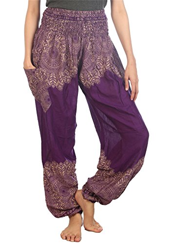 Lofbaz Haremshose Damen Boho Yogahose Pumphose Hippie Hose Kleidung Festival Outfit Sommerhose Leicht Sommer Hosen - Floral Violett 3XL Große Größen von Lofbaz