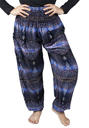 Lofbaz Haremshose Damen Boho Yogahose Pumphose Hippie Hose Kleidung Festival Outfit Sommerhose Leicht Sommer Hosen - Oval Blau XXL Große Größen von Lofbaz