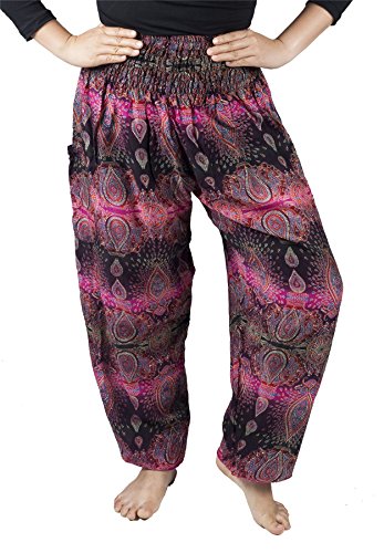 Lofbaz Haremshose Damen Boho Yogahose Pumphose Hippie Hose Kleidung Festival Outfit Sommerhose Leicht Sommer Hosen - Oval Rosa XXL Große Größen von Lofbaz