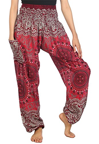 Lofbaz Haremshose Damen Boho Yogahose Pumphose Hippie Hose Kleidung Festival Outfit Sommerhose Leicht Sommer Hosen - Rose 2 Burgund 4XL Große Größen von Lofbaz