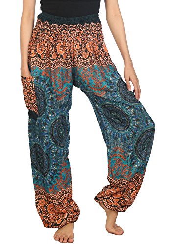 Lofbaz Haremshose Damen Boho Yogahose Pumphose Hippie Hose Kleidung Festival Outfit Sommerhose Leicht Sommer Hosen - Rose 2 Teal Grün 4XL Große Größen von Lofbaz