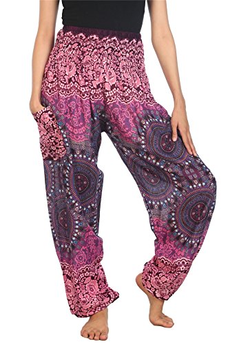 Lofbaz Haremshose Damen Boho Yogahose Pumphose Hippie Hose Kleidung Festival Outfit Sommerhose Leicht Sommer Hosen - Rose 2 Violett XXL Große Größen von Lofbaz