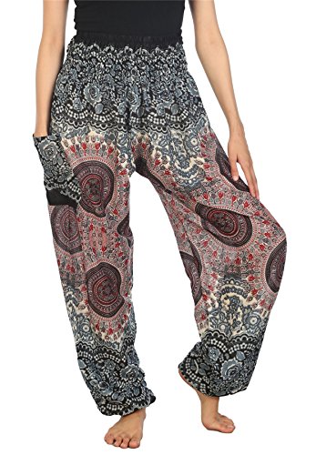 Lofbaz Haremshose Damen Boho Yogahose Pumphose Hippie Hose Kleidung Festival Outfit Sommerhose Leicht Sommer Hosen - Rose 2 Weiß 3XL Große Größen von Lofbaz