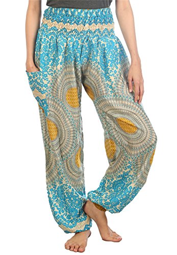 Lofbaz Haremshose Damen Boho Yogahose Pumphose Hippie Hose Kleidung Festival Outfit Sommerhose Leicht Sommer Hosen - Rose 1 Hellblau 3XL Große Größen von Lofbaz