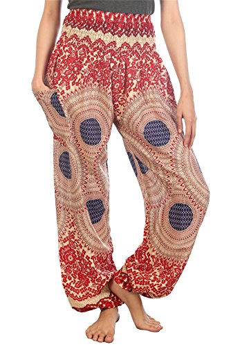 Lofbaz Damen Haremshose mit gesmoktem Boho Hosen Rose 3 Rot Size S von Lofbaz