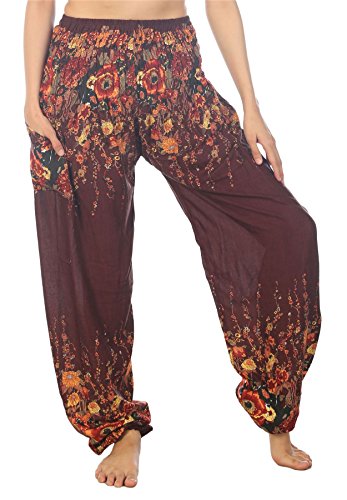 Lofbaz Damen Boho Haremshose Festival Outfit Sommerhose Leicht Yogahose Pumphose Hippie Hose Kleidung Sommer Hosen - Floral 2 Braun M von Lofbaz