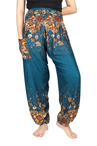 Lofbaz Damen Haremshose mit gesmoktem Bund Blumendruck Teal Grün M von Lofbaz